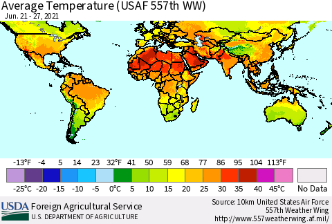 World Average Temperature (USAF 557th WW) Thematic Map For 6/21/2021 - 6/27/2021
