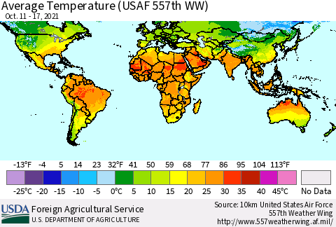 World Average Temperature (USAF 557th WW) Thematic Map For 10/11/2021 - 10/17/2021