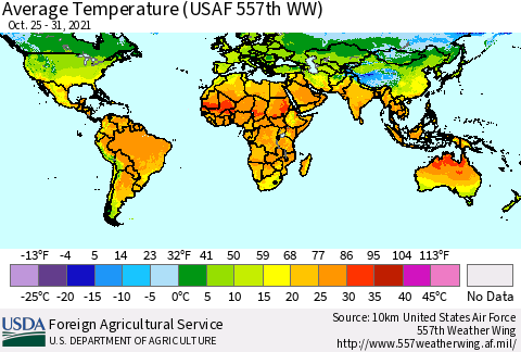 World Average Temperature (USAF 557th WW) Thematic Map For 10/25/2021 - 10/31/2021