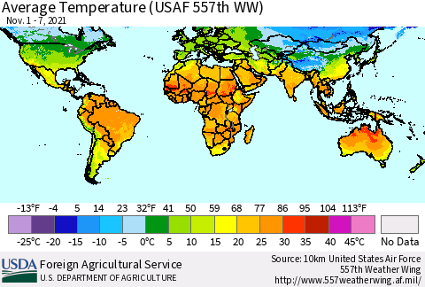 World Average Temperature (USAF 557th WW) Thematic Map For 11/1/2021 - 11/7/2021