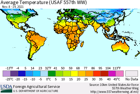 World Average Temperature (USAF 557th WW) Thematic Map For 11/8/2021 - 11/14/2021