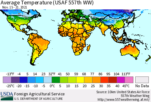 World Average Temperature (USAF 557th WW) Thematic Map For 11/15/2021 - 11/21/2021