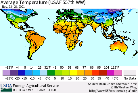 World Average Temperature (USAF 557th WW) Thematic Map For 11/22/2021 - 11/28/2021