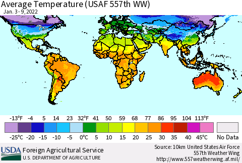 World Average Temperature (USAF 557th WW) Thematic Map For 1/3/2022 - 1/9/2022