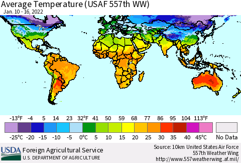 World Average Temperature (USAF 557th WW) Thematic Map For 1/10/2022 - 1/16/2022