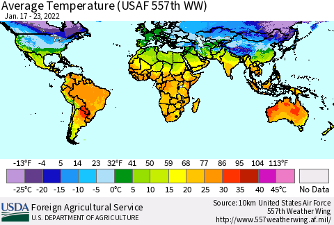 World Average Temperature (USAF 557th WW) Thematic Map For 1/17/2022 - 1/23/2022