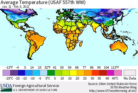 World Average Temperature (USAF 557th WW) Thematic Map For 1/31/2022 - 2/6/2022