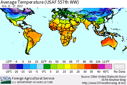 World Average Temperature (USAF 557th WW) Thematic Map For 2/21/2022 - 2/27/2022