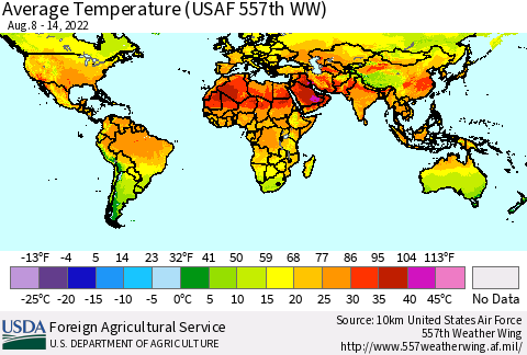 World Average Temperature (USAF 557th WW) Thematic Map For 8/8/2022 - 8/14/2022