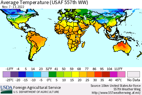World Average Temperature (USAF 557th WW) Thematic Map For 11/7/2022 - 11/13/2022