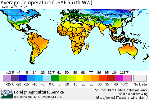 World Average Temperature (USAF 557th WW) Thematic Map For 11/14/2022 - 11/20/2022