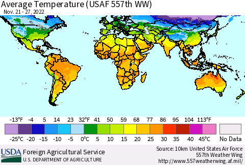 World Average Temperature (USAF 557th WW) Thematic Map For 11/21/2022 - 11/27/2022