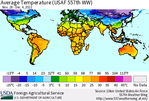 World Average Temperature (USAF 557th WW) Thematic Map For 11/28/2022 - 12/4/2022