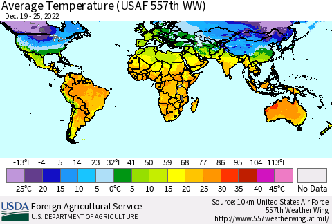 World Average Temperature (USAF 557th WW) Thematic Map For 12/19/2022 - 12/25/2022