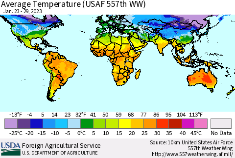 World Average Temperature (USAF 557th WW) Thematic Map For 1/23/2023 - 1/29/2023