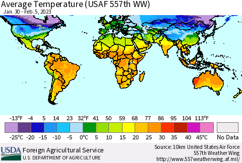 World Average Temperature (USAF 557th WW) Thematic Map For 1/30/2023 - 2/5/2023