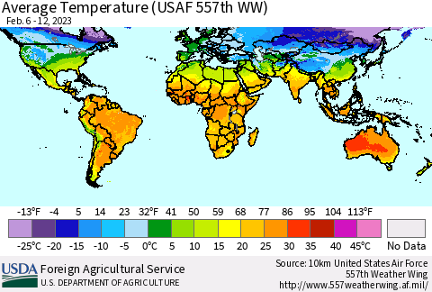 World Average Temperature (USAF 557th WW) Thematic Map For 2/6/2023 - 2/12/2023