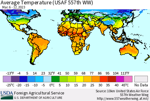 World Average Temperature (USAF 557th WW) Thematic Map For 3/6/2023 - 3/12/2023
