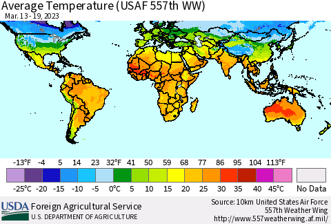 World Average Temperature (USAF 557th WW) Thematic Map For 3/13/2023 - 3/19/2023