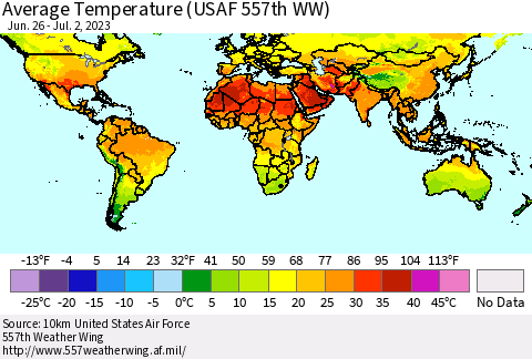 World Average Temperature (USAF 557th WW) Thematic Map For 6/26/2023 - 7/2/2023