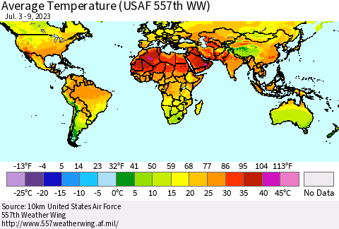 World Average Temperature (USAF 557th WW) Thematic Map For 7/3/2023 - 7/9/2023