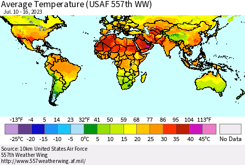 World Average Temperature (USAF 557th WW) Thematic Map For 7/10/2023 - 7/16/2023