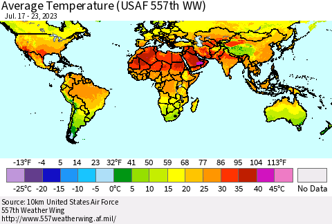 World Average Temperature (USAF 557th WW) Thematic Map For 7/17/2023 - 7/23/2023