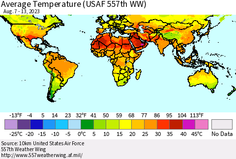 World Average Temperature (USAF 557th WW) Thematic Map For 8/7/2023 - 8/13/2023