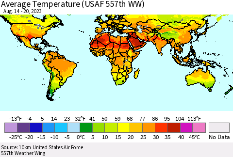 World Average Temperature (USAF 557th WW) Thematic Map For 8/14/2023 - 8/20/2023