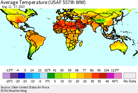 World Average Temperature (USAF 557th WW) Thematic Map For 8/21/2023 - 8/27/2023