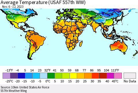 World Average Temperature (USAF 557th WW) Thematic Map For 11/6/2023 - 11/12/2023