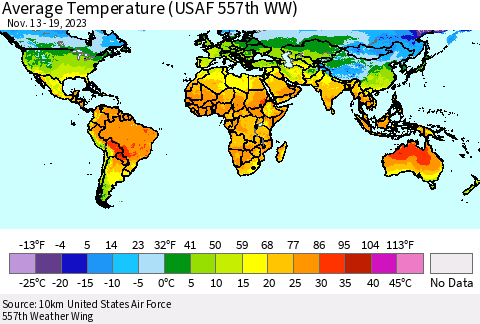 World Average Temperature (USAF 557th WW) Thematic Map For 11/13/2023 - 11/19/2023