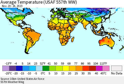 World Average Temperature (USAF 557th WW) Thematic Map For 11/20/2023 - 11/26/2023