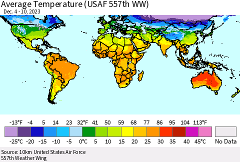 World Average Temperature (USAF 557th WW) Thematic Map For 12/4/2023 - 12/10/2023