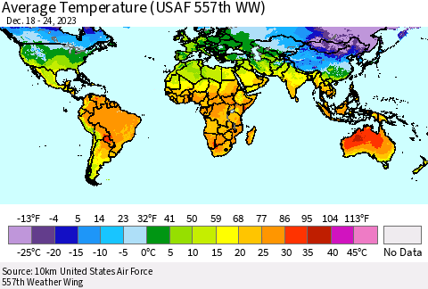 World Average Temperature (USAF 557th WW) Thematic Map For 12/18/2023 - 12/24/2023