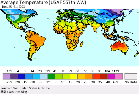 World Average Temperature (USAF 557th WW) Thematic Map For 12/25/2023 - 12/31/2023
