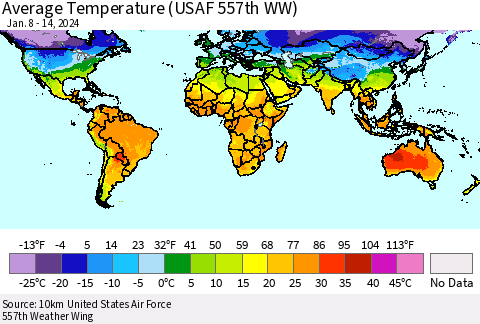 World Average Temperature (USAF 557th WW) Thematic Map For 1/8/2024 - 1/14/2024