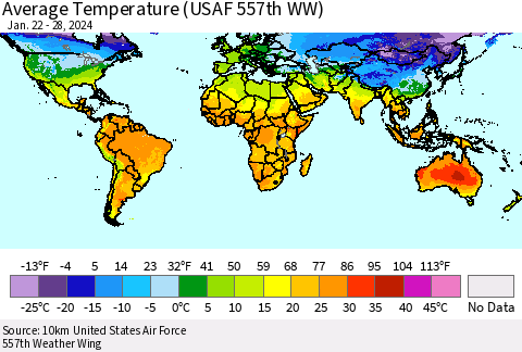 World Average Temperature (USAF 557th WW) Thematic Map For 1/22/2024 - 1/28/2024