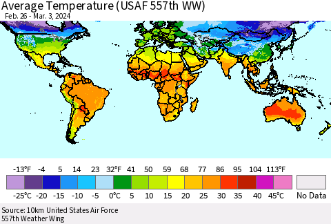 World Average Temperature (USAF 557th WW) Thematic Map For 2/26/2024 - 3/3/2024