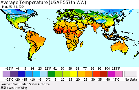 World Average Temperature (USAF 557th WW) Thematic Map For 3/25/2024 - 3/31/2024