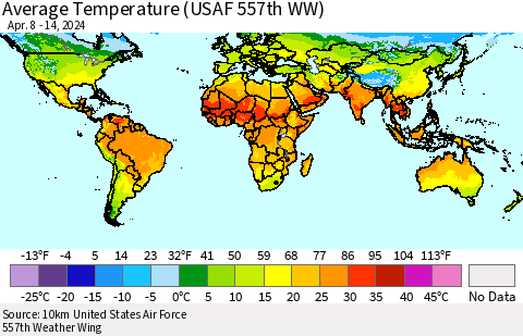 World Average Temperature (USAF 557th WW) Thematic Map For 4/8/2024 - 4/14/2024