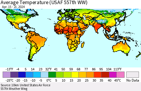 World Average Temperature (USAF 557th WW) Thematic Map For 4/15/2024 - 4/21/2024