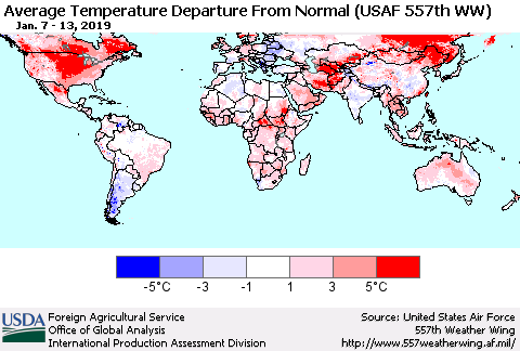 World Average Temperature Departure from Normal (USAF 557th WW) Thematic Map For 1/7/2019 - 1/13/2019