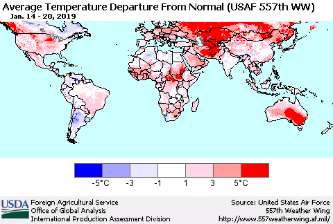 World Average Temperature Departure from Normal (USAF 557th WW) Thematic Map For 1/14/2019 - 1/20/2019
