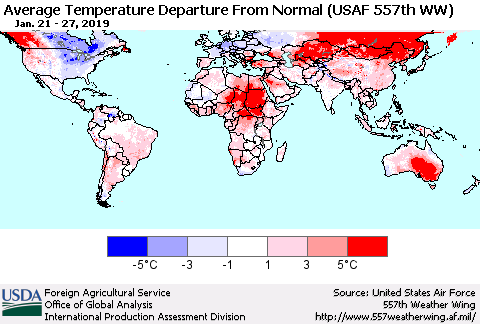 World Average Temperature Departure from Normal (USAF 557th WW) Thematic Map For 1/21/2019 - 1/27/2019