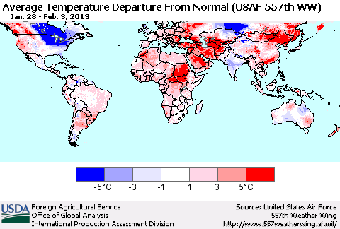 World Average Temperature Departure from Normal (USAF 557th WW) Thematic Map For 1/28/2019 - 2/3/2019