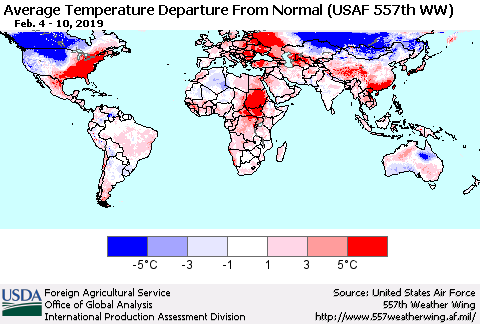 World Average Temperature Departure from Normal (USAF 557th WW) Thematic Map For 2/4/2019 - 2/10/2019