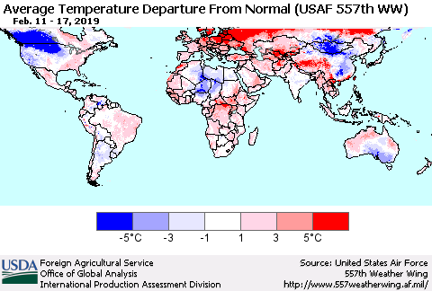 World Average Temperature Departure from Normal (USAF 557th WW) Thematic Map For 2/11/2019 - 2/17/2019