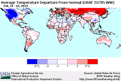 World Average Temperature Departure from Normal (USAF 557th WW) Thematic Map For 2/18/2019 - 2/24/2019