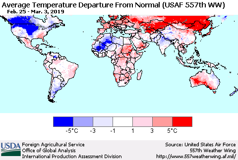 World Average Temperature Departure from Normal (USAF 557th WW) Thematic Map For 2/25/2019 - 3/3/2019